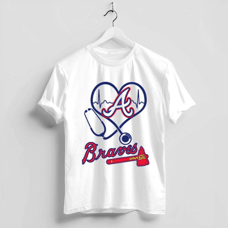 Atlanta Braves Nurse Love Heartbeat Stethoscope T-Shirt - Image 4
