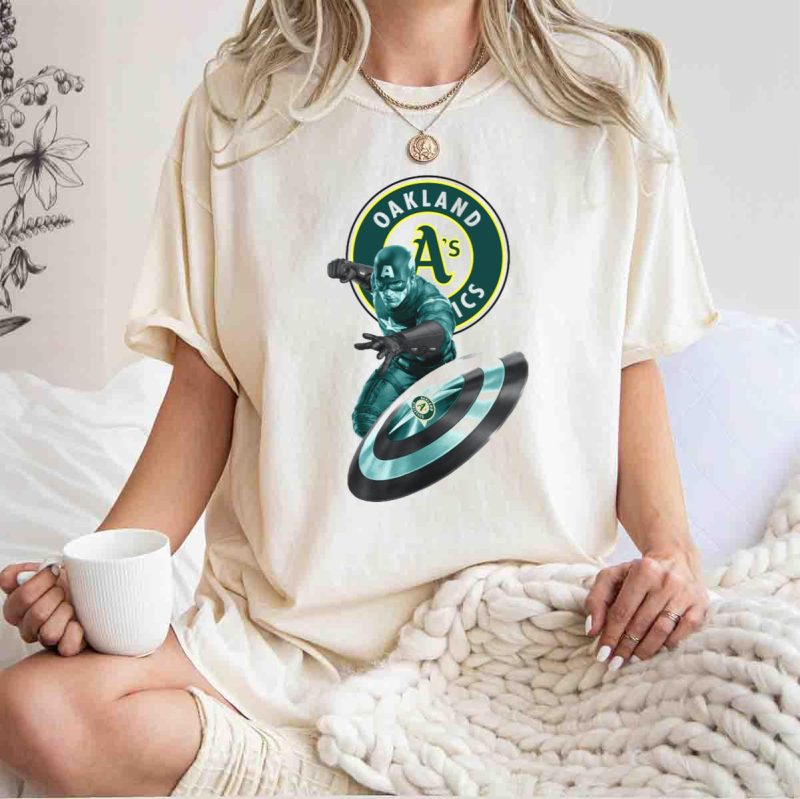 Oakland Athletics As Logo with Captain Americas Shield and Heroic Pose T Shirt t shirt 1 1