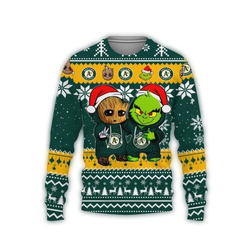 Oakland Athletics Baby Groot And Grinch Best Friends Christmas Ugly Sweater 1