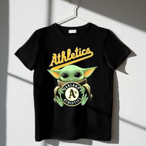 Baby Yoda Hugging Baseball T-Shirt For Oakland Athletics Fans