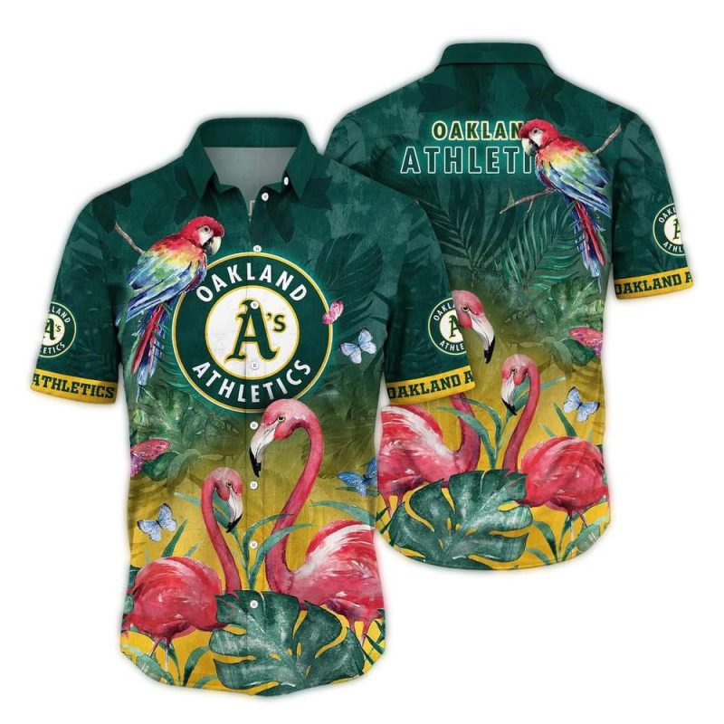 Oakland Athletics Parrot and Flamingo Leafs Art Hawaiian Shirt 1