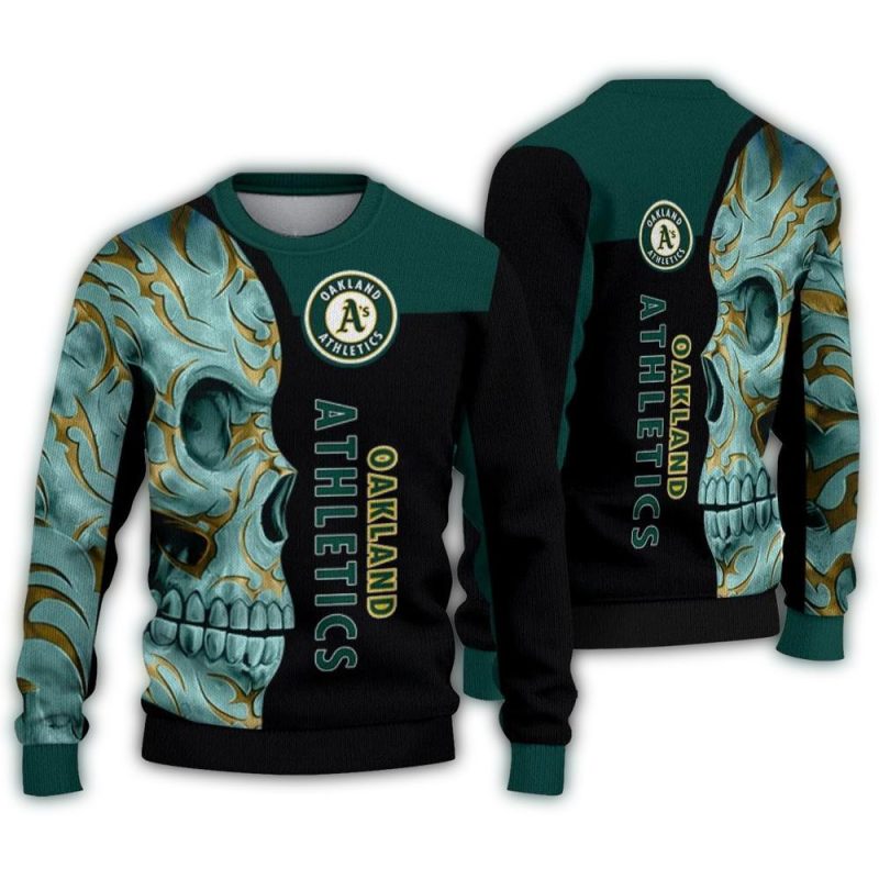 Oakland Athletics Skull Swirl Green Black Ugly Sweater 1