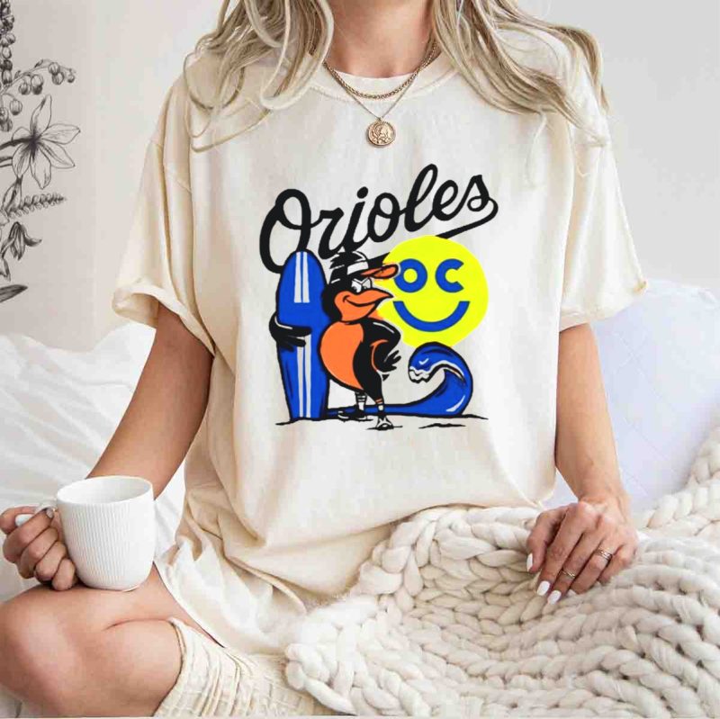 Orioles Birdland Surf Co Smiling Sun Surfboard T Shirt t shirt 1 1