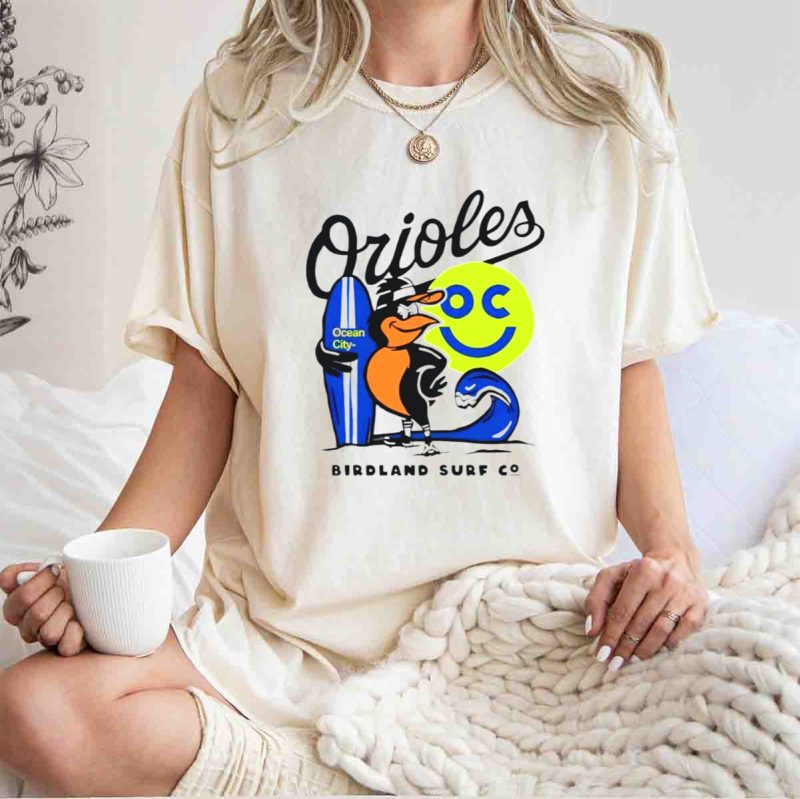 Orioles Ocean City Birdland Surf Co Smiley Surfboard Wave T Shirt t shirt 1 1