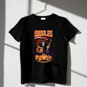 Halloween Orioles Reaper T-Shirt With Scythe And Pumpkins Design