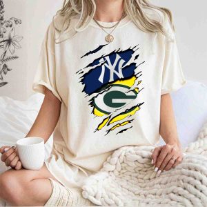 Packers Yankees Dual Logo Ripped Effect T-Shirt For Fans