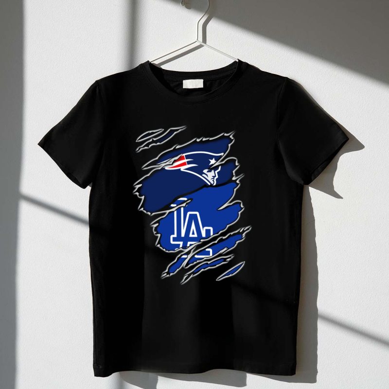 Patriots and LA Dodgers Logos in Torn Fabric T Shirt.jpeg t shirt 1 1
