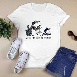 Snoopy Baseball Fan T-Shirt - Peace Love Miami Marlins Apparel
