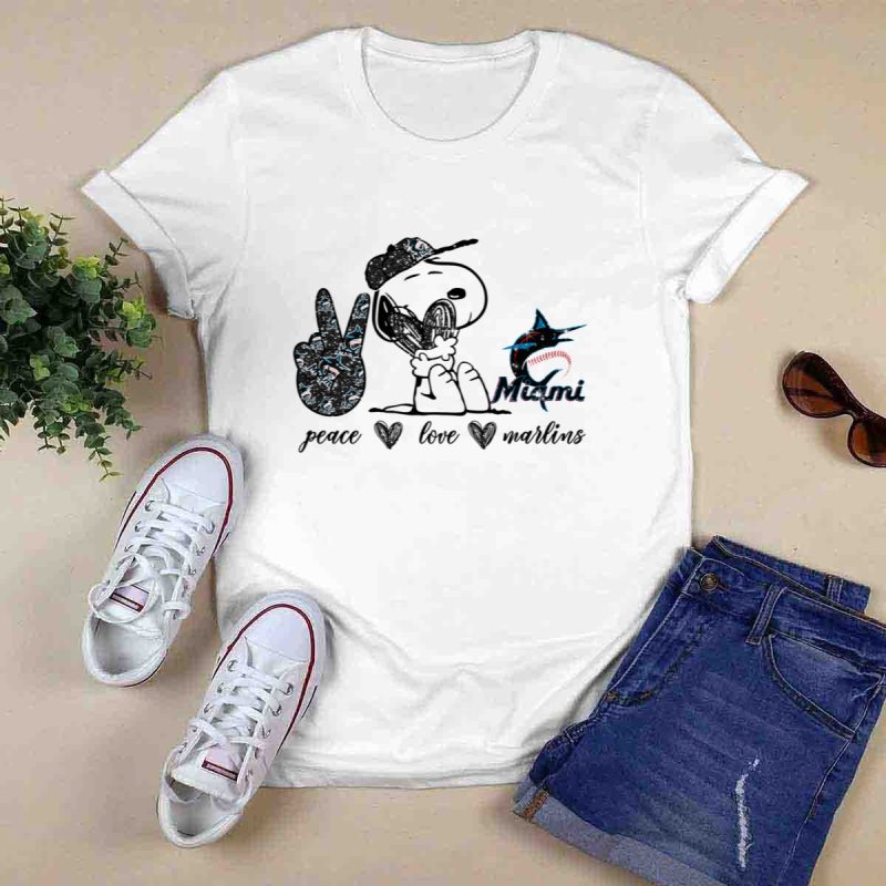 Peace Love Miami Marlins Snoopy Baseball Fan T Shirt 0