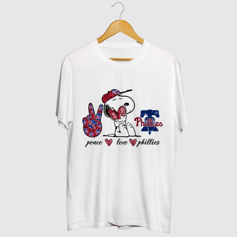 Peace, Love & Phillies Snoopy Graphic T-Shirt for Phillies Fans - Image 2