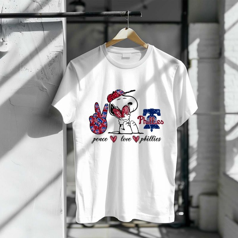 Peace, Love & Phillies Snoopy Graphic T-Shirt for Phillies Fans - Image 3
