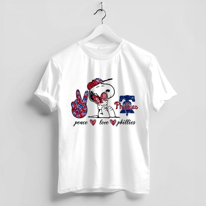 Peace, Love & Phillies Snoopy Graphic T-Shirt for Phillies Fans - Image 4