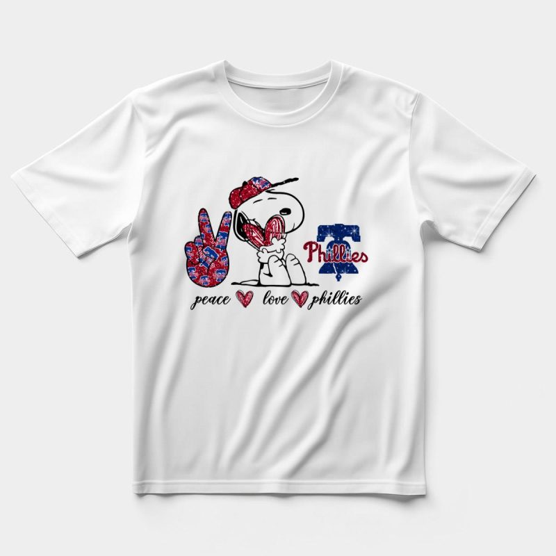 Peace, Love & Phillies Snoopy Graphic T-Shirt for Phillies Fans - Image 5