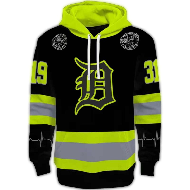 Personalized AOP Detroit Tigers Safety Motif Black Neon Green Hoodie 1