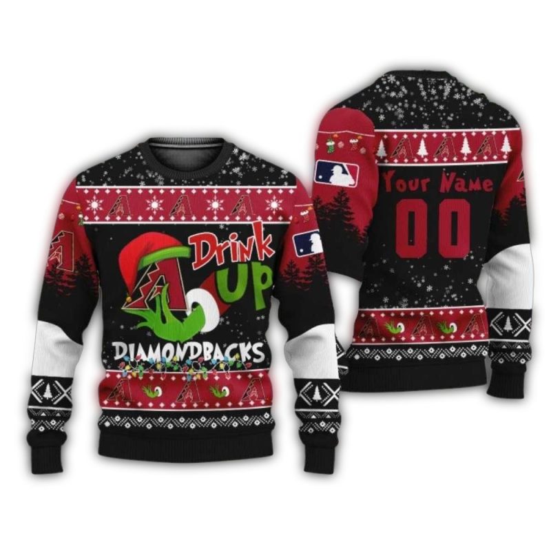 Personalized Arizona Diamondbacks Drink Up Grinch Christmas Ugly Sweater 1