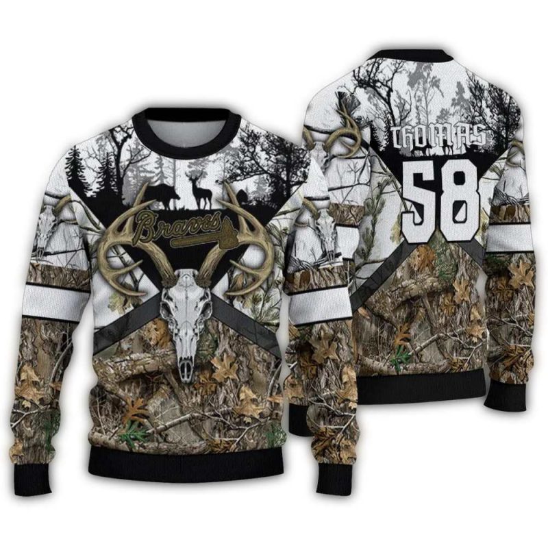 Personalized Atlanta Braves Deer Antlers Ugly Sweater 1