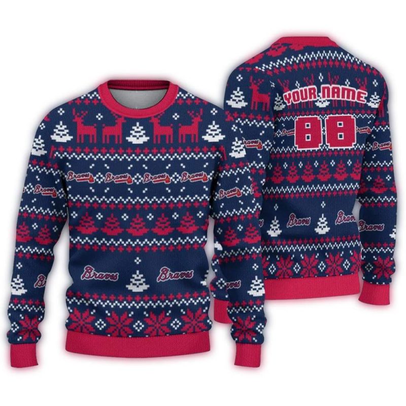 Personalized Atlanta Braves Deer Pattern Christmas Ugly Sweater 1