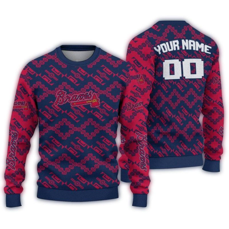 Personalized Atlanta Braves Lattice Gridwork Ugly Sweater 1
