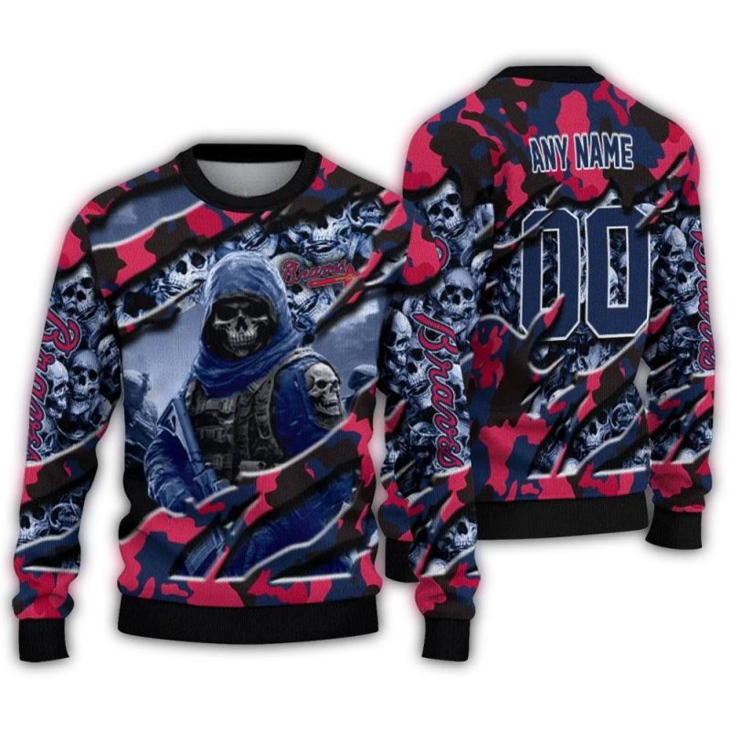 Personalized Atlanta Braves Skull Horde Ugly Sweater 1