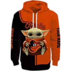 Custom Baby Yoda All Over Print Hoodie For Baltimore Orioles Fans