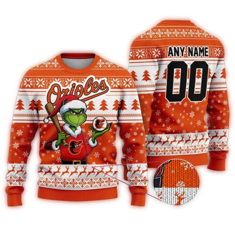 Personalized Baltimore Orioles Grinch Play Baseball Christmas Ugly Sweater 1