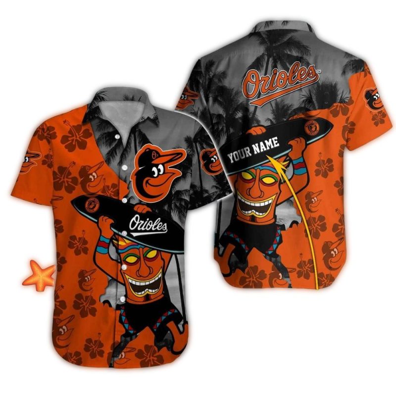 Personalized Baltimore Orioles Tiki Surf Flower Tropical Hawaiian Shirt 1