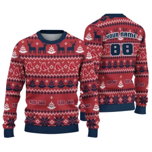 Personalized Boston Red Sox Christmas Ugly Sweater With Deer Tree Design