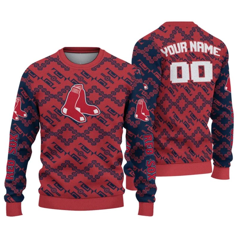 Personalized Boston Red Sox Lattice Gridwork Ugly Sweater 1