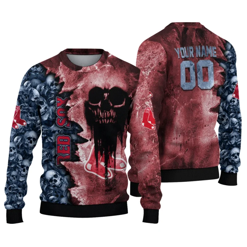 Personalized Boston Red Sox Skull Collage Ugly Sweater 1
