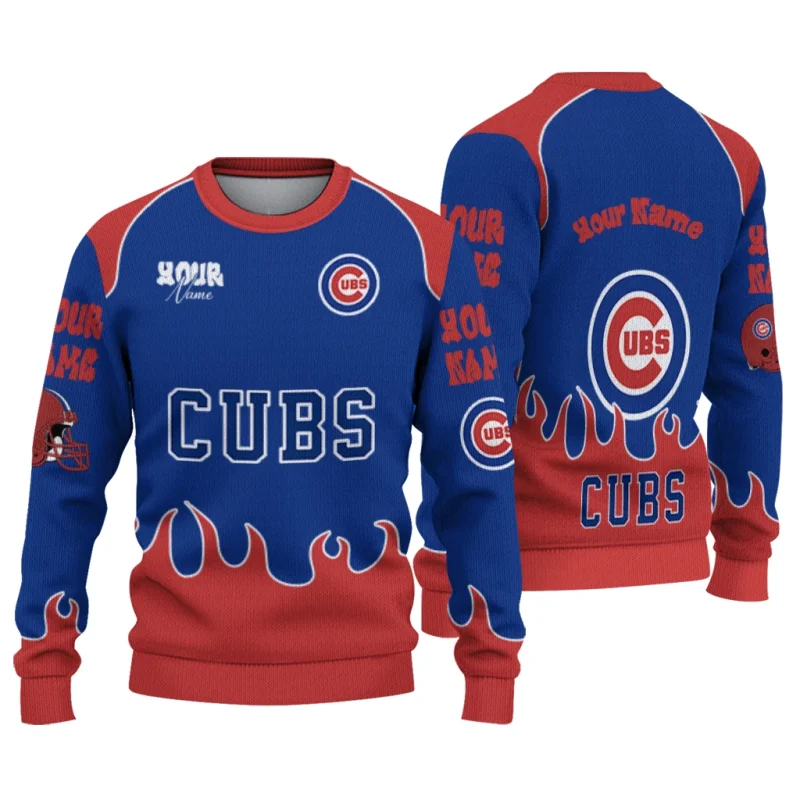Personalized Chicago Cubs Flame Border Ugly Sweater 1