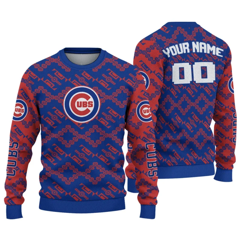 Personalized Chicago Cubs Lattice Gridwork Ugly Sweater 1