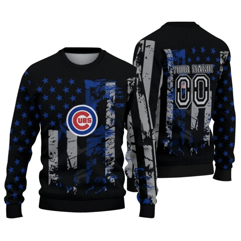Personalized Chicago Cubs Vintage USA Flag Ugly Sweater 1