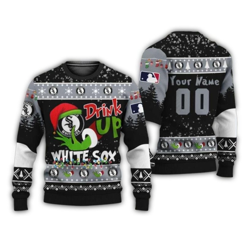 Personalized Chicago White Sox Grinch Drink Up Christmas Sweater 1