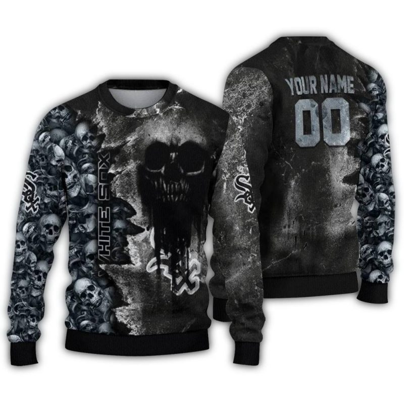 Personalized Chicago White Sox Skull Collage Black Ugly Sweater 1