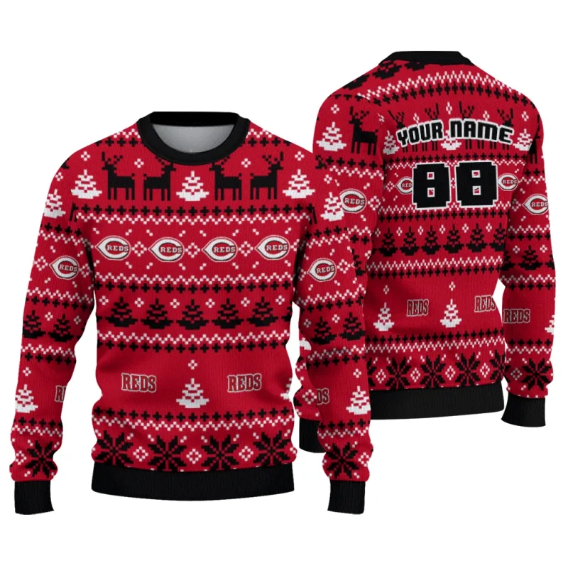 Personalized Cincinnati Reds Deer Pattern Christmas Ugly Sweater 1