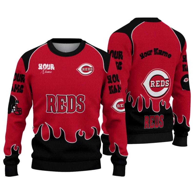 Personalized Cincinnati Reds Flame Border Ugly Sweater 1