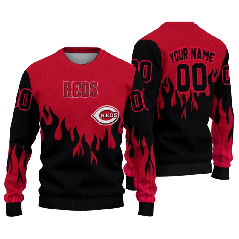 Personalized Cincinnati Reds Flame Outline Ugly Sweater 1