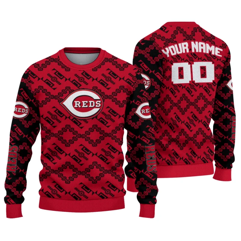 Personalized Cincinnati Reds Lattice Gridwork Ugly Sweater 1