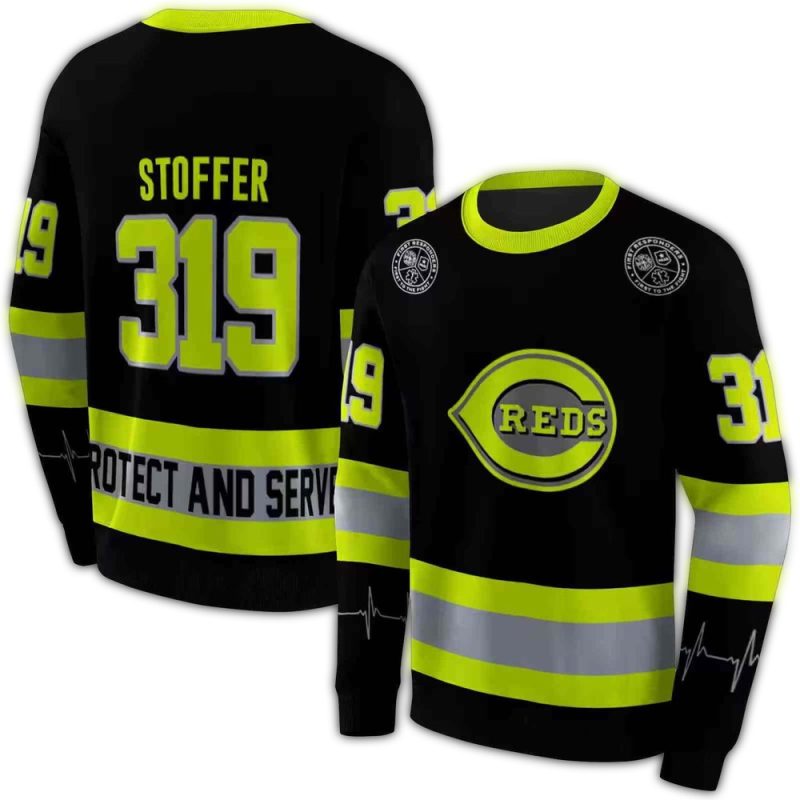 Personalized Cincinnati Reds Safety Motif Black Neon Green AOP Sweatshirt 1
