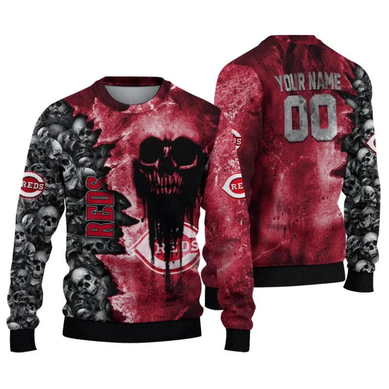 Personalized Cincinnati Reds Skull Collage Ugly Sweater 1