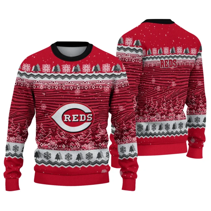 Personalized Cincinnati Reds Tree Pattern Christmas Ugly Sweater 1