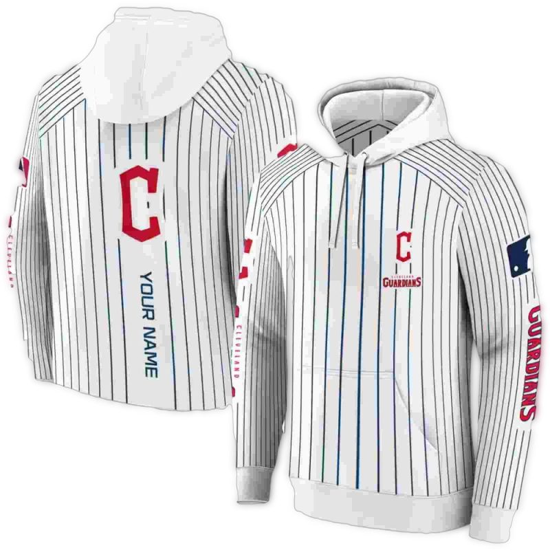 Personalized Cleveland Guardians Pinstripe Pattern Navy Blue White AOP Hoodie 1