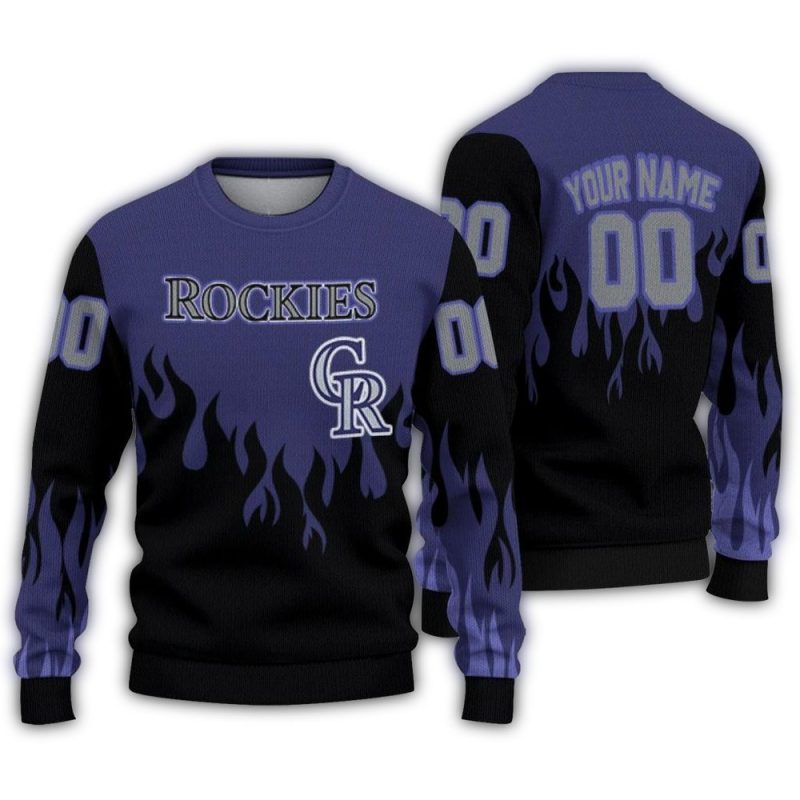 Personalized Colorado Rockies Flame Outline Ugly Sweater 1