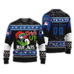 Personalized Grinch Drink Up Toronto Blue Jays Christmas Ugly Sweater