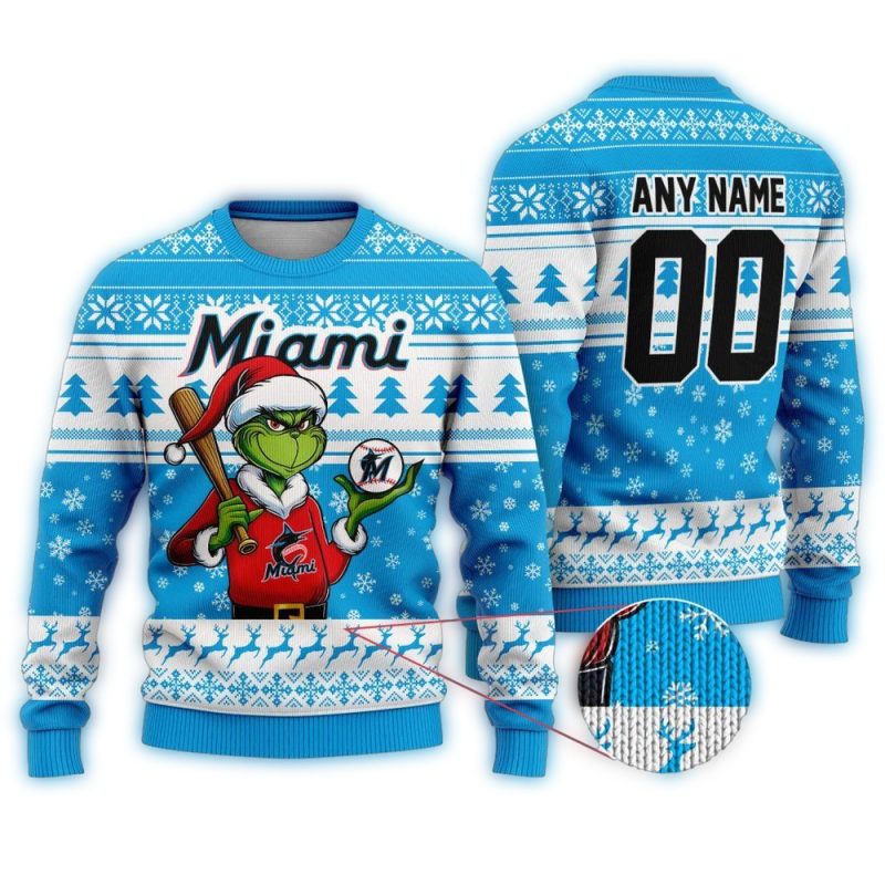 Personalized Grinch Santa Play Baseball For Miami Marlins Christmas Ugly Sweater 1