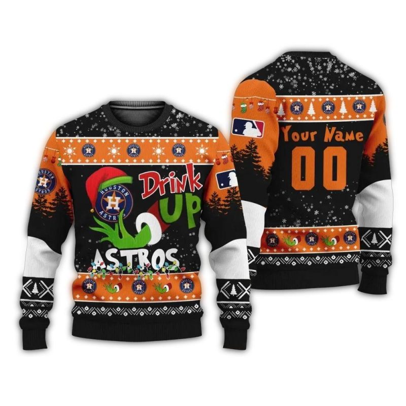 Personalized Houston Astros Drink Up Grinch Ugly Sweater 1