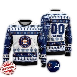 Personalized Houston Astros Christmas Ugly Sweater With Reindeer & Snowflakes