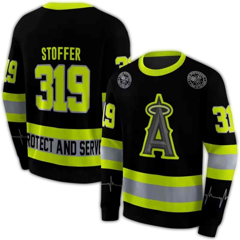 Personalized Los Angeles Angels Safety Motif Black Neon Green AOP Sweatshirt 1