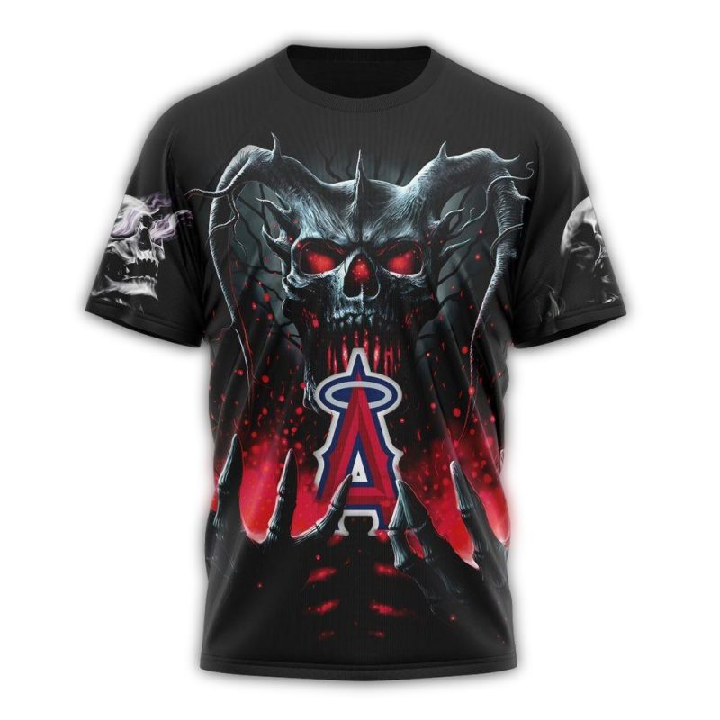 Personalized Los Angeles Angels Skull Halloween AOP T Shirt 1