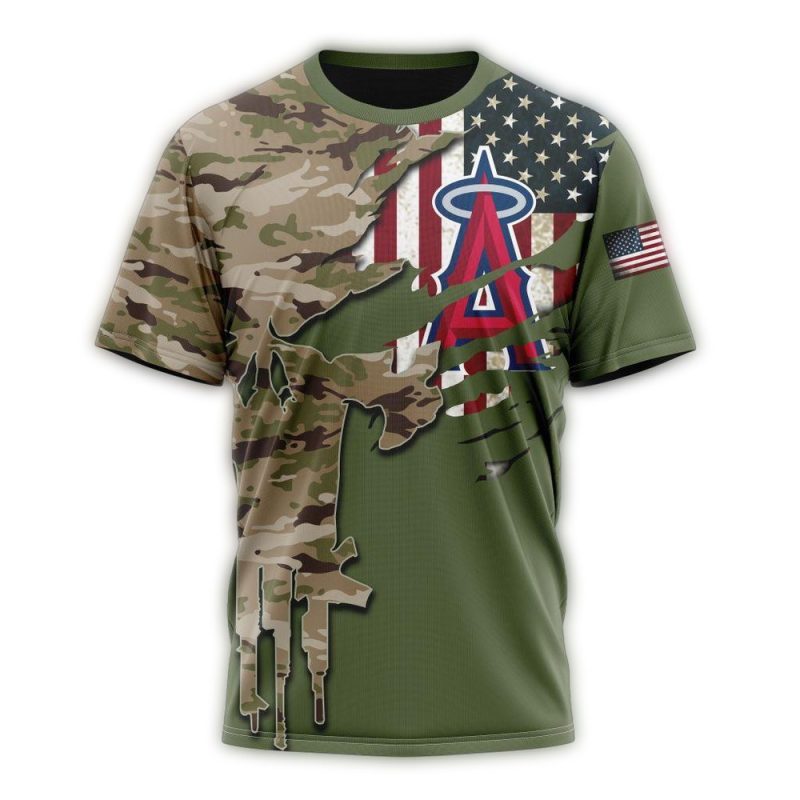 Personalized Los Angeles Angels Skull Punisher Camo For Veterans Day AOP T Shirt 1